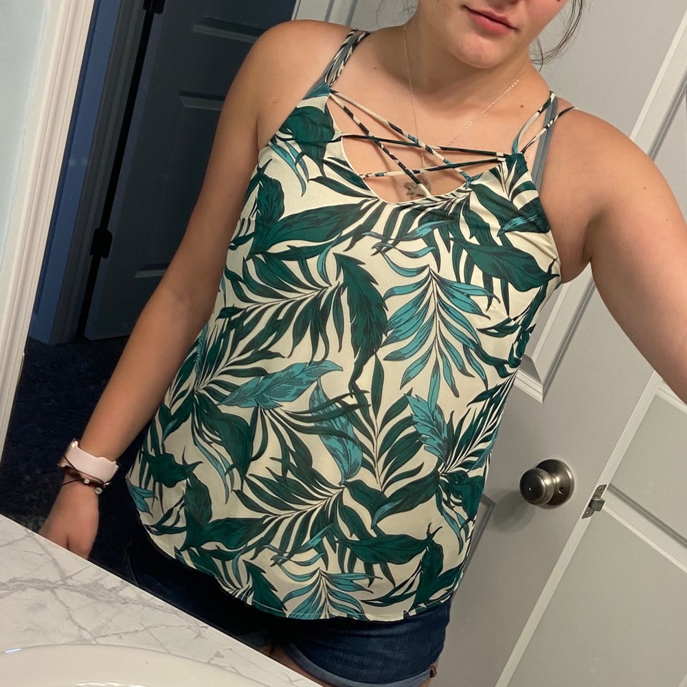 White and Green Leaf Strappy Tank Top - Picture 1 of 6